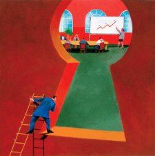 "Man looking through giant keyhole", Kazu Nitta