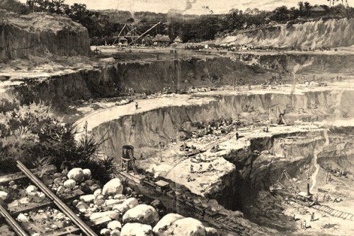 Construcci�n del canal de Panam�, dibujo de Charles Graham basado en una fotograf�a