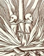 Quema de herejes. Ilustraci�n en �Cosmograf�a universal�, de Andre Thevet (1552)