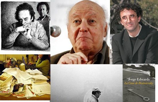 Enrique Lihn (izquierda), Jorge Edwards, Roberto Bola&ntilde;o
