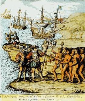 Encuentro entre espa&ntilde;oles e ind&iacute;genas, por De Bry