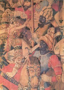 Soldados negros en la guerra de Troya. Imagen citada, originalmente, por Henry Louis Gates en su Wonders of the African World, en su discusi�n de la presencia del sujeto negro en las representaciones de la antig�edad grecolatina. Esta imagen pertenece a un tapiz del siglo XV (M�Bow, vol. 2, p. 147)