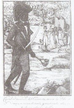 Christophe durante la insurrecci�n en Saint Domingue, tomado de la biograf�a de Dessalines escrita por Dubroca y publicada en M�xico por L�pez Cancelada. El grabado aparece en una edici�n facsimilar a la de 1806. Dubroca, p. 31