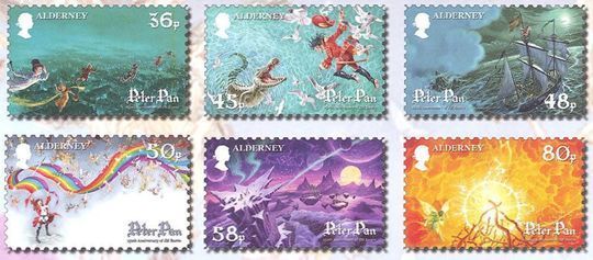 Emisi&oacute;n filat&eacute;lica de la isla de Alderney alusiva a Peter Pan, en homenaje a James Matthew Barrie en su CL aniversario