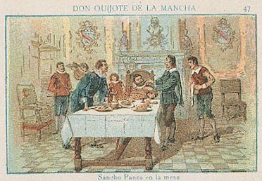 Sancho Panza en la mesa durante su gobierno en Barataria. Ilustraci�n de Pahissa